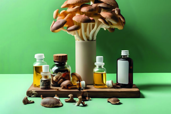 kapsułki suplementów diety z ekstraktami z grzybów leczniczych na tle laboratoryjnym symbolizujące regulacje i bezpieczeństwo żywności