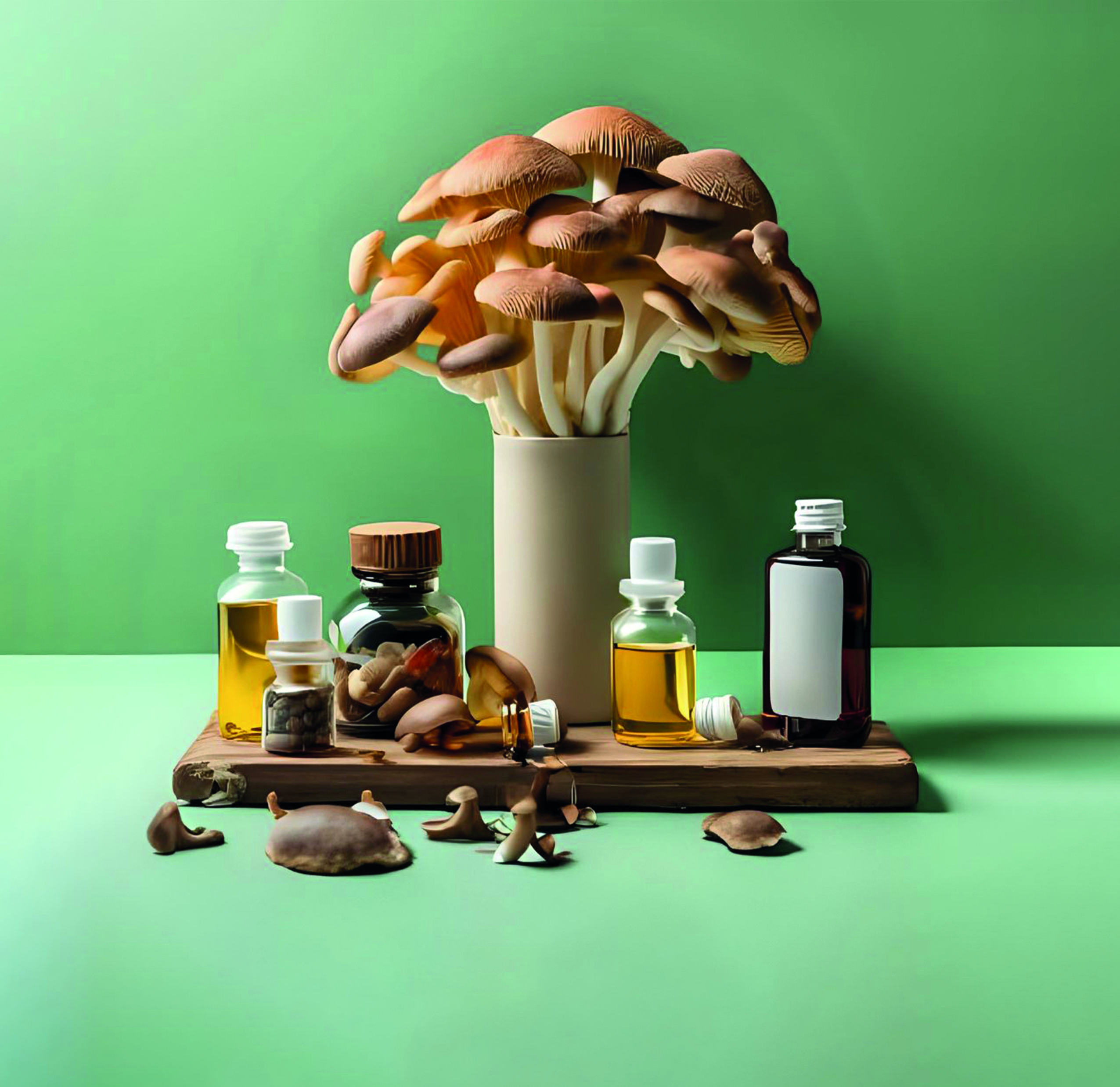 kapsułki suplementów diety z ekstraktami z grzybów leczniczych na tle laboratoryjnym symbolizujące regulacje i bezpieczeństwo żywności