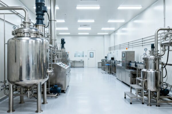 Advanced peptide manufacturing facility in India, specialized pharmaceutical production units, clean industrial environment, stainless steel process systems, CRDMO platform concept, professional B2B style, realistic, no people, horizontal