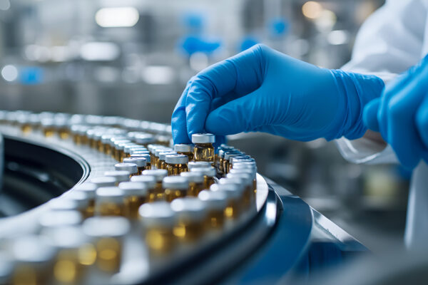 Logo AstraZeneca na tle nowoczesnego zakładu produkcji farmaceutycznej w Chinach