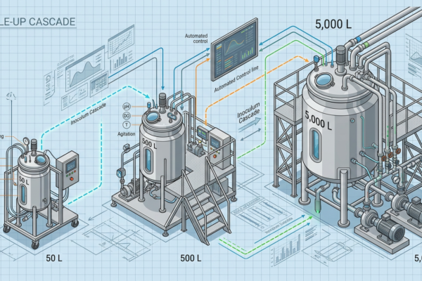 kaskada bioreaktorów 50, 500 i 5000 l do scale-upu bioprocesów