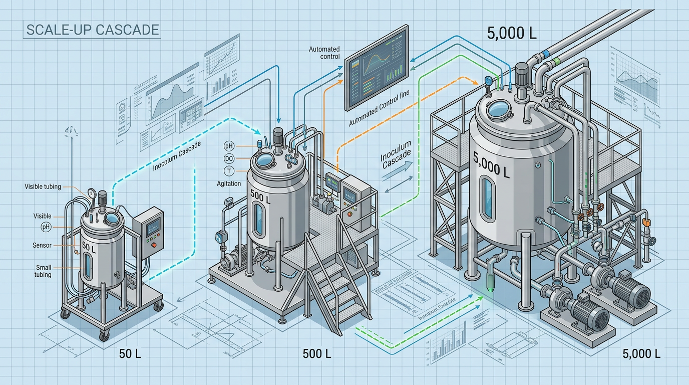 kaskada bioreaktorów 50, 500 i 5000 l do scale-upu bioprocesów